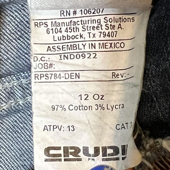 Crude FR Jeans Mens 36x32 Blue Flame Resistant CAT 2 NFPA 2112 ATPV 13 Stretch - Picture 6 of 11